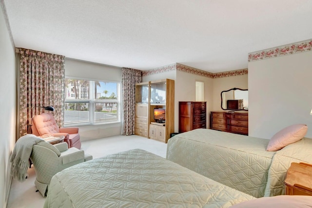 bedroom with light colored carpet