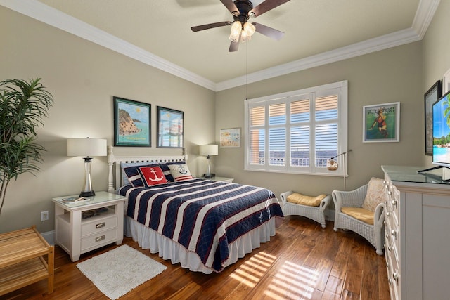 bedroom with dark wood-type flooring, ceiling fan, and crown molding