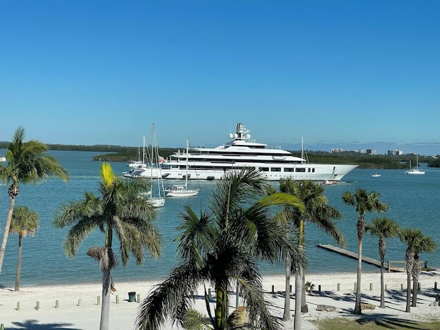 view of water feature with a beach view