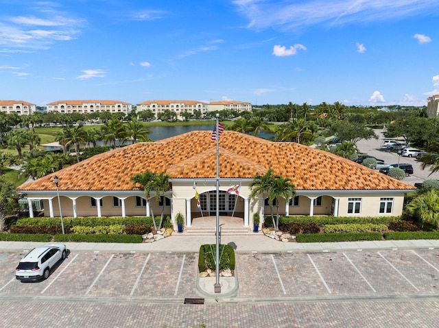 view of building exterior featuring a water view