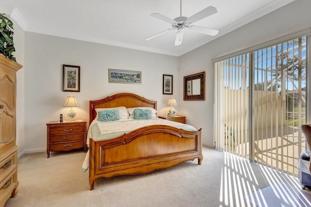 carpeted bedroom with access to exterior, crown molding, and ceiling fan