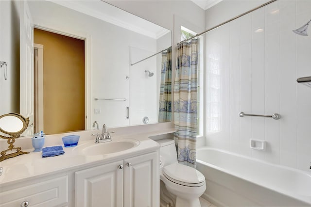 full bathroom with vanity, ornamental molding, toilet, and shower / bath combo with shower curtain