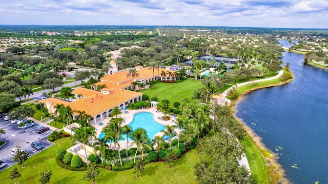 bird's eye view with a water view