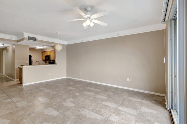 unfurnished living room with sink, crown molding, light tile patterned floors, and ceiling fan