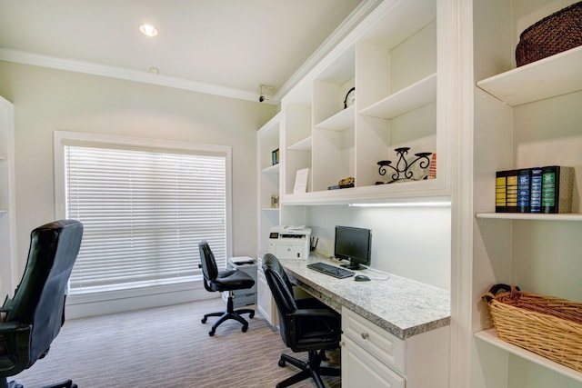 office with light carpet and ornamental molding