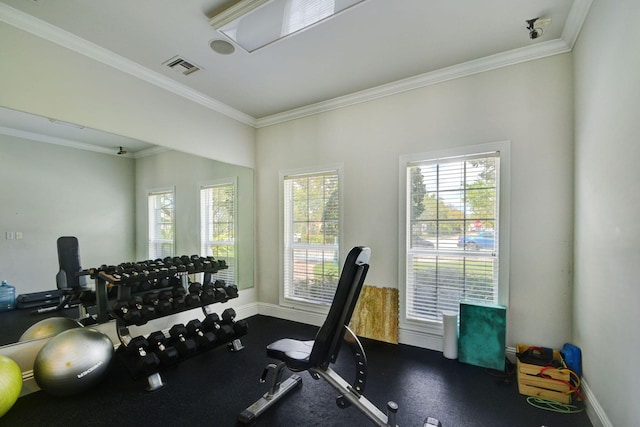 workout area with ornamental molding