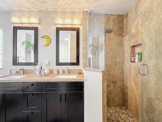 bathroom featuring vanity and a shower with shower door