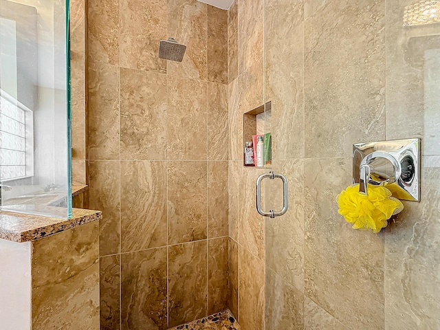 bathroom featuring a shower with door