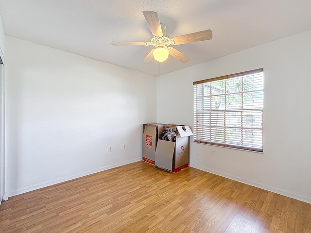 spare room with ceiling fan and light hardwood / wood-style flooring