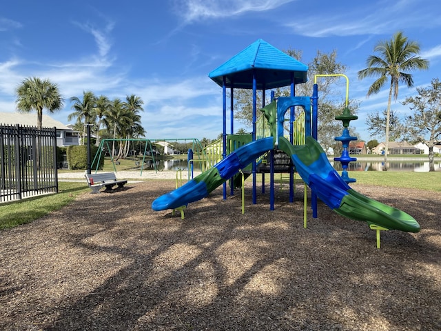 view of play area featuring a water view