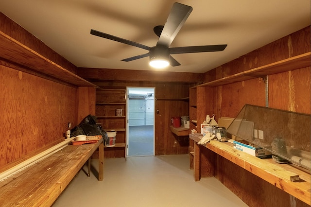 interior space featuring ceiling fan