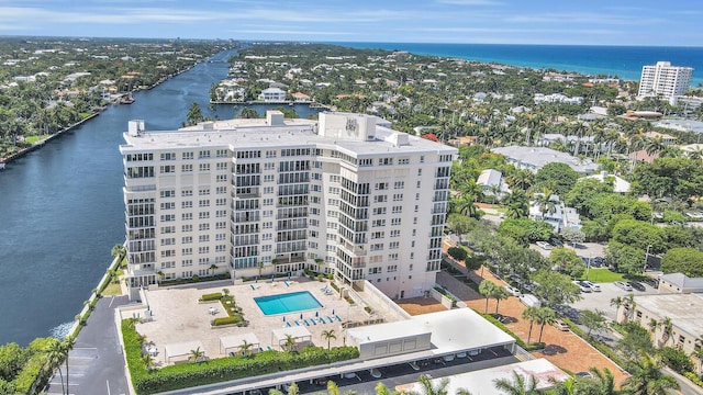 bird's eye view with a water view