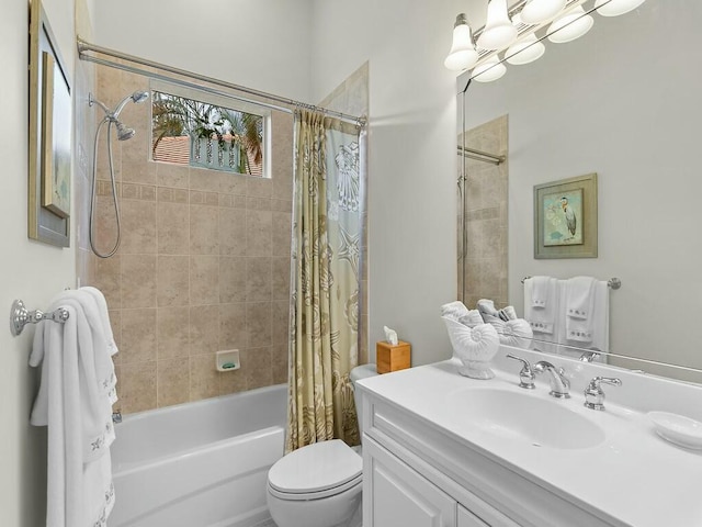 full bathroom with vanity, shower / bathtub combination with curtain, an inviting chandelier, and toilet