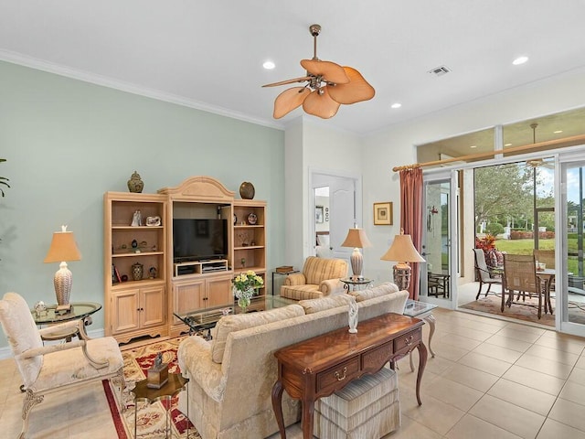 tiled living room featuring ornamental molding and ceiling fan