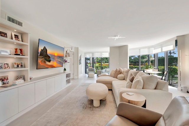 living room with light hardwood / wood-style flooring and built in shelves