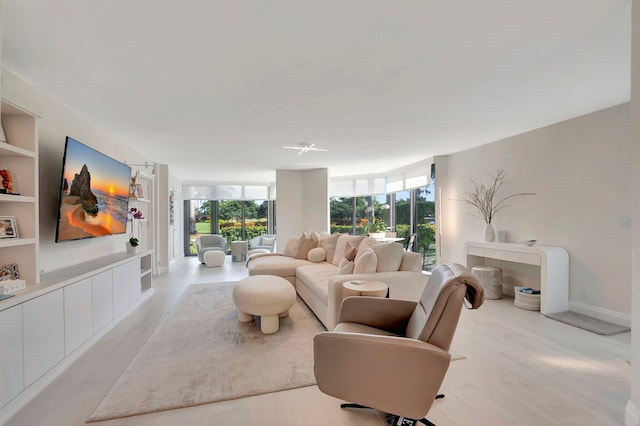 living room featuring light hardwood / wood-style floors and built in shelves