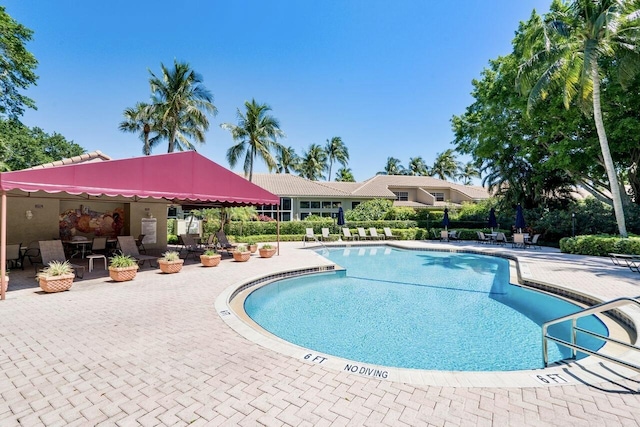 view of swimming pool featuring a patio