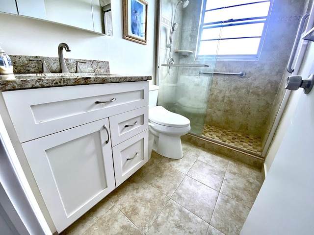 bathroom with a shower with door, vanity, and toilet