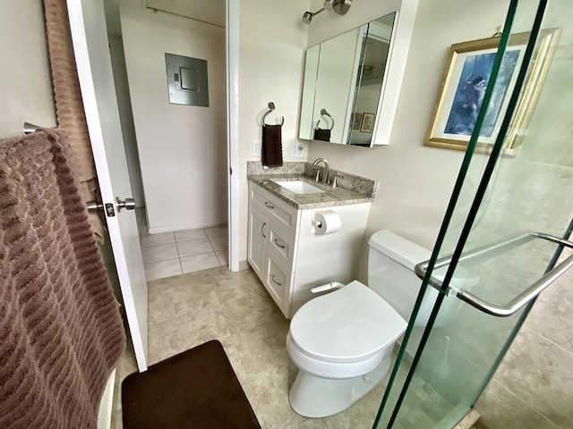 bathroom with tile patterned flooring, electric panel, vanity, an enclosed shower, and toilet