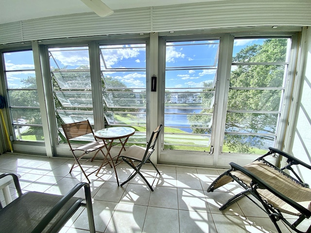 sunroom / solarium with a water view