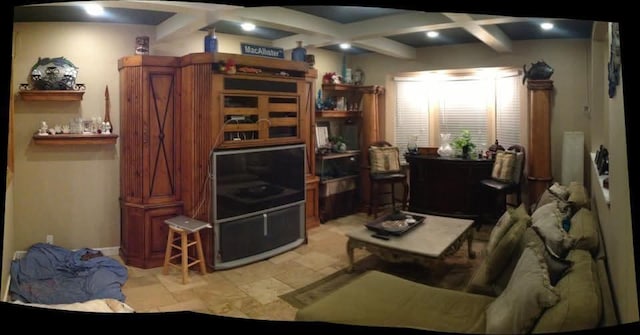 living room with coffered ceiling and beam ceiling