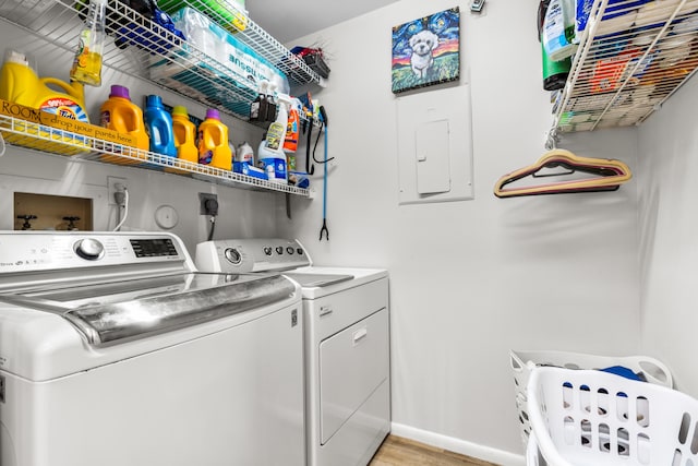 clothes washing area featuring independent washer and dryer and light wood-type flooring