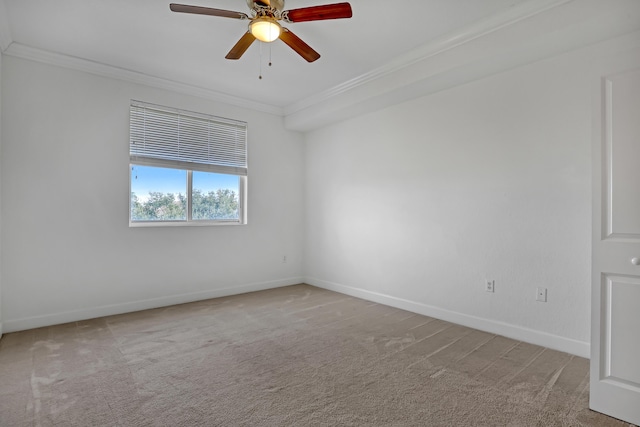 carpeted spare room with ornamental molding and ceiling fan