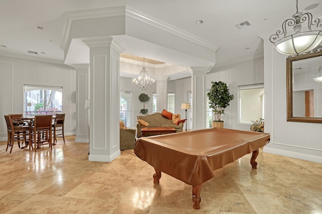 recreation room with a notable chandelier, pool table, ornamental molding, and decorative columns