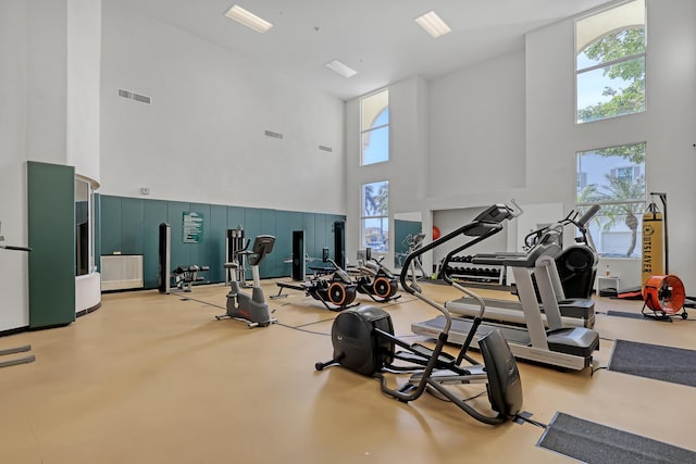 exercise room with a towering ceiling