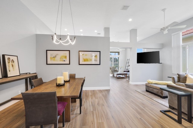 dining area featuring ceiling fan and light hardwood / wood-style flooring