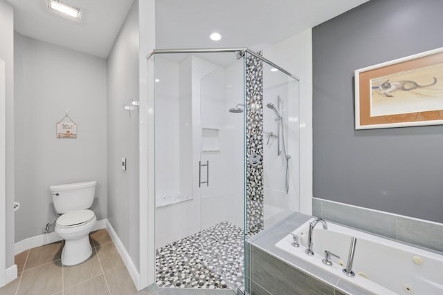 bathroom with toilet, shower with separate bathtub, and tile patterned flooring