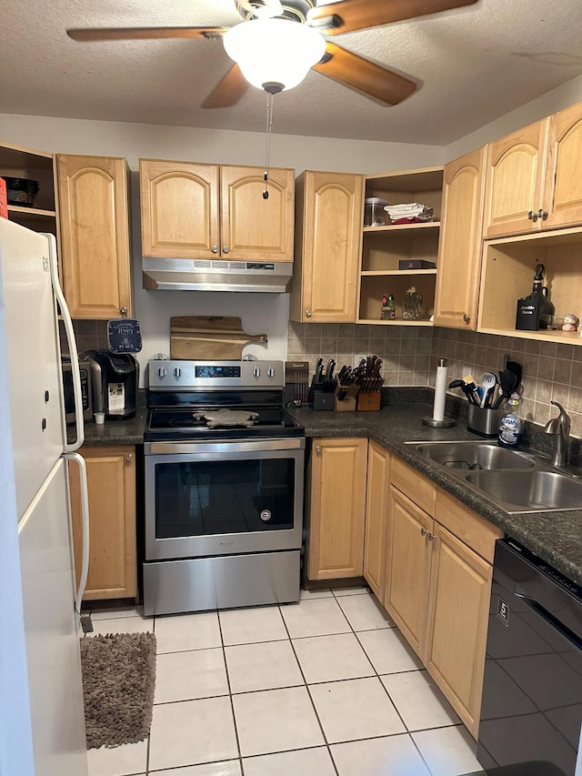 kitchen with sink, stainless steel range with electric cooktop, light brown cabinets, white refrigerator, and dishwasher