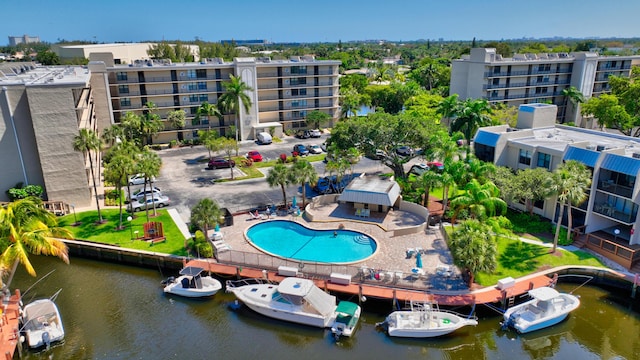 aerial view featuring a water view