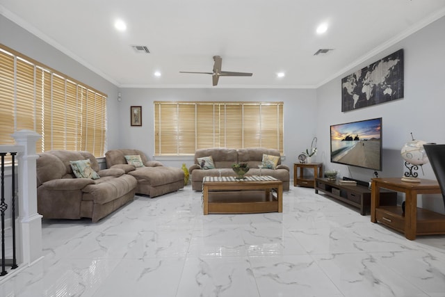 living room featuring ceiling fan and ornamental molding