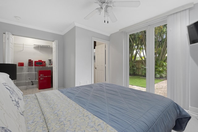 bedroom featuring crown molding, access to outside, and ceiling fan