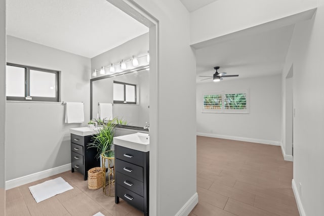 bathroom with vanity, tile patterned floors, and ceiling fan