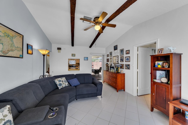 tiled living room with ceiling fan and vaulted ceiling with beams