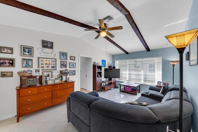 living room featuring lofted ceiling with beams, light tile patterned floors, and ceiling fan