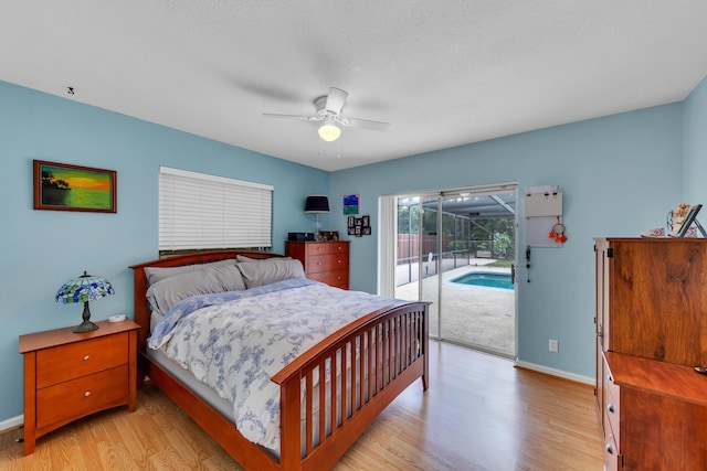 bedroom featuring access to outside, a textured ceiling, ceiling fan, and light hardwood / wood-style floors