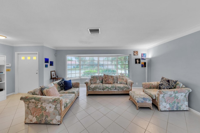 tiled living room with crown molding