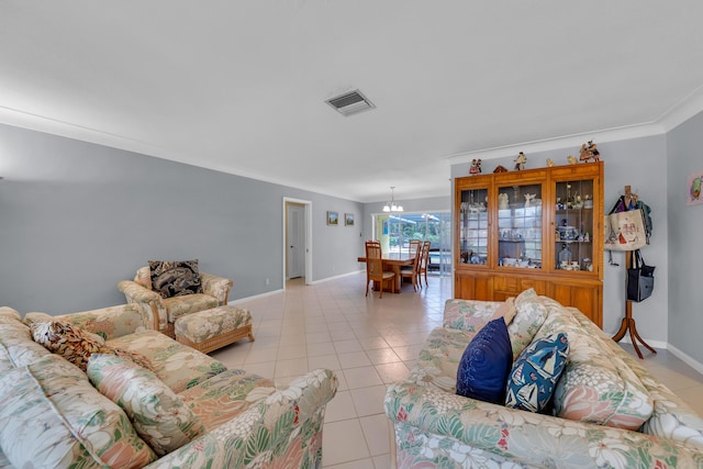 tiled living room featuring ornamental molding and a notable chandelier