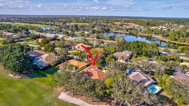 birds eye view of property featuring a water view