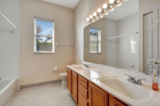 bathroom with tile patterned flooring, vanity, and toilet