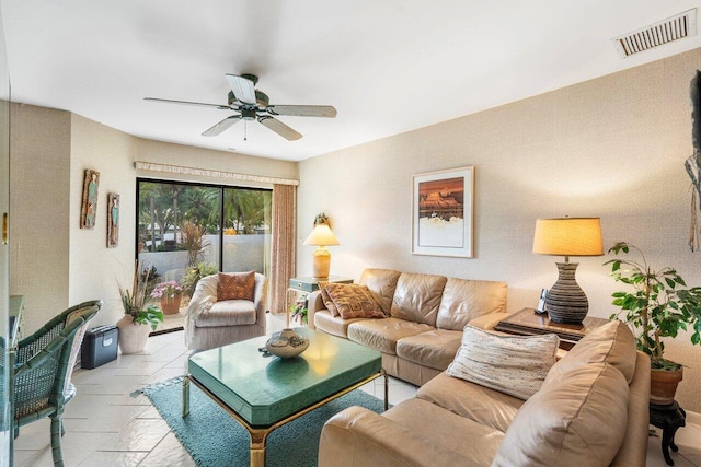 living room featuring ceiling fan