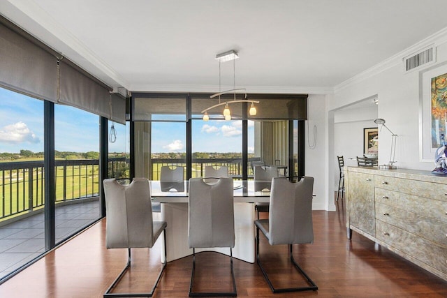 dining room with expansive windows, crown molding, dark hardwood / wood-style floors, and a notable chandelier