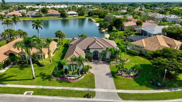 aerial view featuring a water view