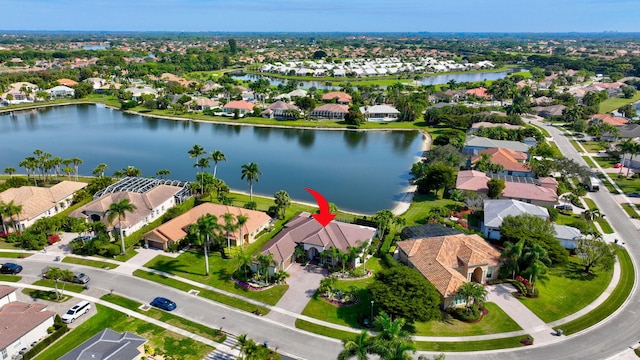 aerial view featuring a water view