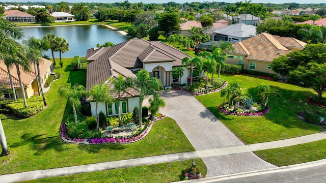 drone / aerial view featuring a water view