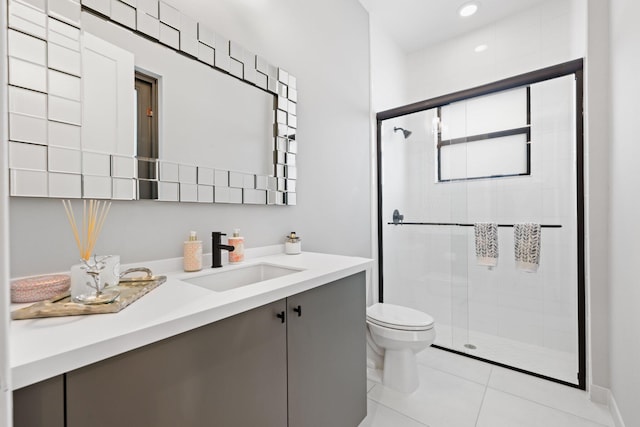 bathroom with tile patterned floors, vanity, toilet, and a shower with door