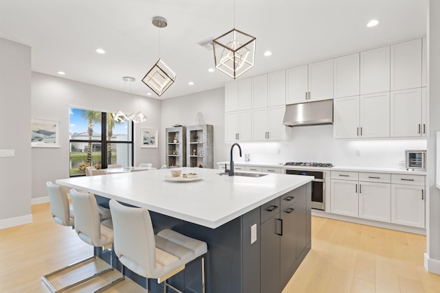 kitchen with sink, white cabinetry, decorative light fixtures, a center island with sink, and stainless steel appliances